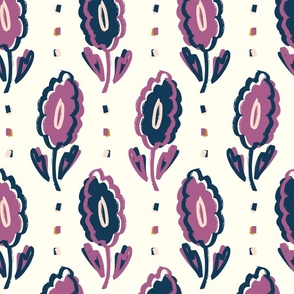 M - Retro Vintage Spring Purple, Blue and Pink Hand-drawn Flowers with square dots