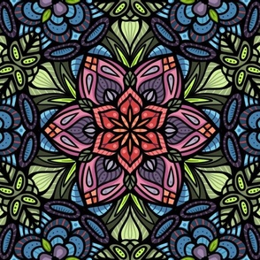 Stained Glass Flower Mandala - Purples, Reds, and Blues