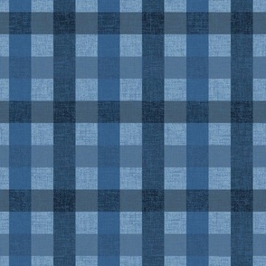 1" wide chambray, indigo and stonewashed denim blue stripes create a faux denim, textured buffalo plaid, checks.