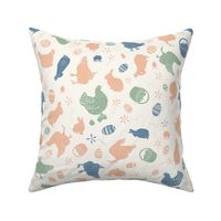 Peach pink_ green and blue easter fabric_ easter bunnies_ chickens_ easter eggs