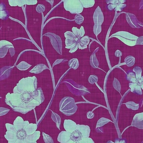 Hand-painted mint green and purple anemones with linen texture (large scale)