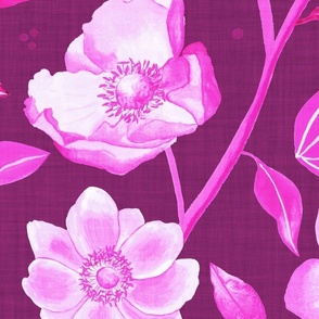 Hand-painted fuchsia and purple anemones with linen texture (jumbo/ extra large scale)