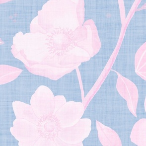 Hand-painted pink anemones on pale blue with linen texture (jumbo/ extra large scale)