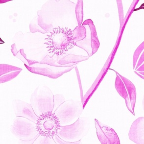 Hand-painted pink anemones on white with linen texture (jumbo/ extra large scale)
