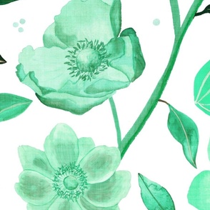 Hand-painted green anemones on white with linen texture (jumbo/ extra large scale)