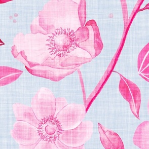 Hand-painted bright pink anemones on pale blue with linen texture (jumbo/ extra large scale)
