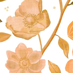 Hand-painted ochre yellow anemones on white with linen texture (jumbo/ extra large scale)
