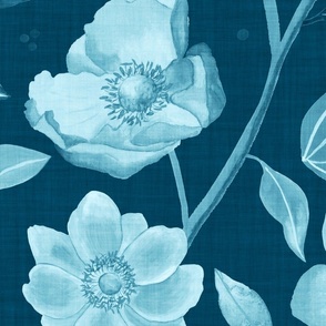 Hand-painted light and denim blue anemones with linen texture (jumbo/ extra large scale)