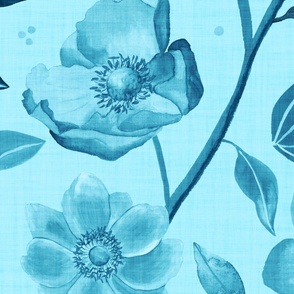 Hand-painted aqua blue anemones on teal with linen texture (jumbo/ extra large scale)