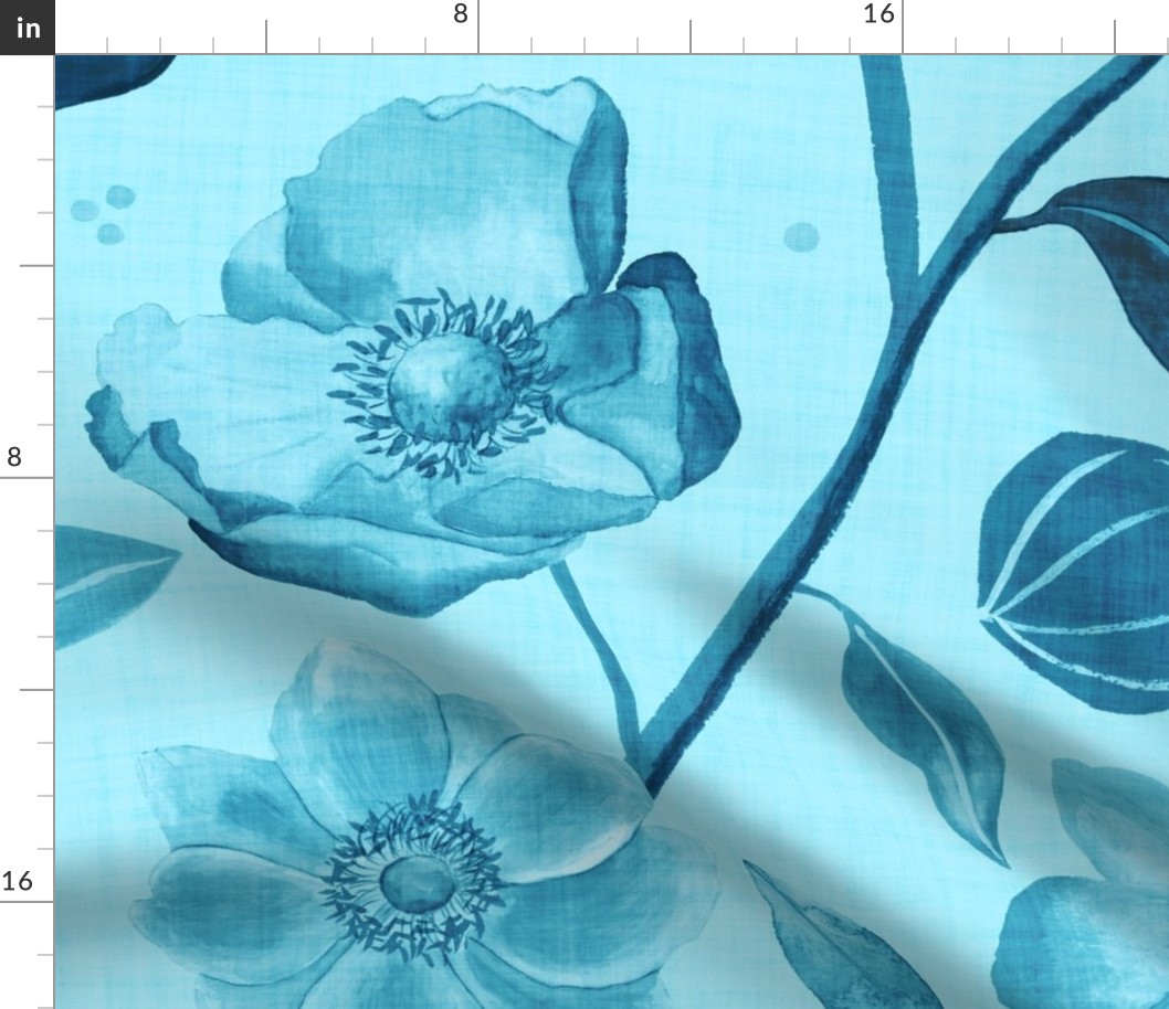 Hand-painted aqua blue anemones on teal with linen texture (jumbo/ extra large scale)