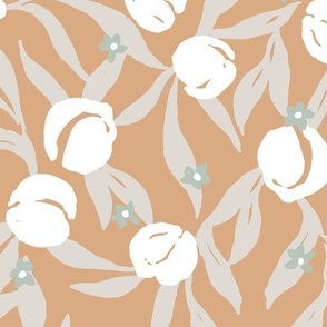 Tossed peach fruit with leaves and flowers in orange beige and blue