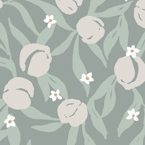 Tossed peach fruit with leaves and flowers in teal beige and white
