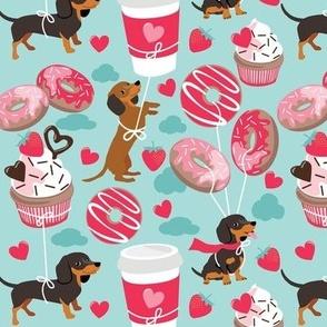 Dachshunds love donuts coffee break with cupcakes, strawberry, chocolate
