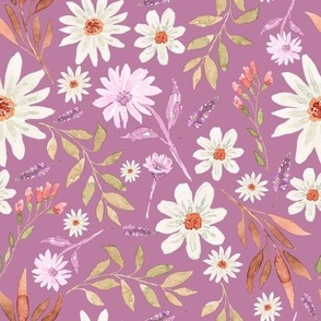 Soft Hand Painted, Watercolor  Wildflowers Florals on Pastel Plum  Background