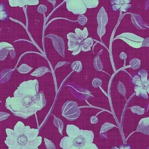 Hand-painted mint green anemones on plum with linen texture (medium scale) 