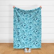 Hand-painted aqua and sky blue anemones with linen texture (large scale) 