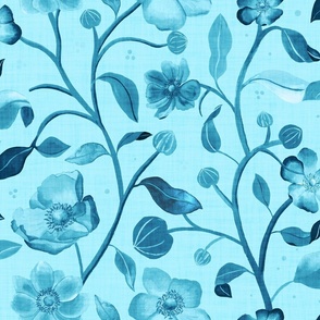 Hand-painted aqua and sky blue anemones with linen texture (large scale) 