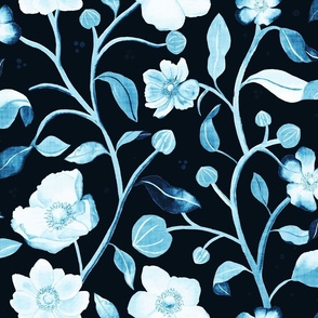 Hand-painted light blue and denim blue anemones with linen texture (large scale) 