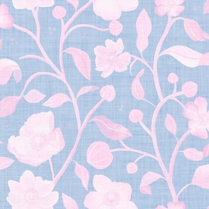 Hand-painted pink and light blue anemones with linen texture (large scale) 