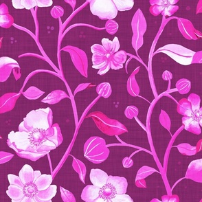 Hand-painted fuchsia and plum anemones with linen texture (large scale) 
