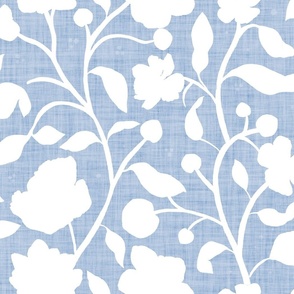 Hand-painted white anemones on pale blue with linen texture (large scale) 