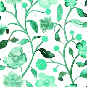 Hand-painted green anemones on white with linen texture (large scale) 