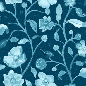 Hand-painted light blue and  teal blue anemones with linen texture (large scale) 