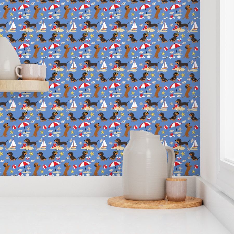 Dachshund Beach Dogs with sea shells, Wallpaper | Spoonflower