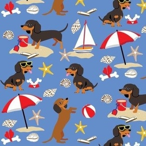 Dachshund Beach Dogs with sea shells, sailboat, umbrella, sand pail, beach ball