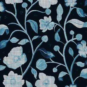 Hand-painted light blue and denim blue antique anemones with linen texture (large scale) 
