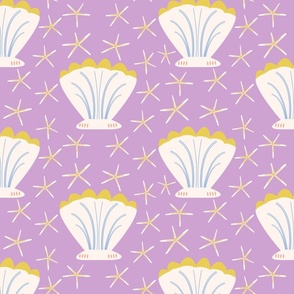 LARGE Seashells with baby blue and gold yellow Starfish on lilac