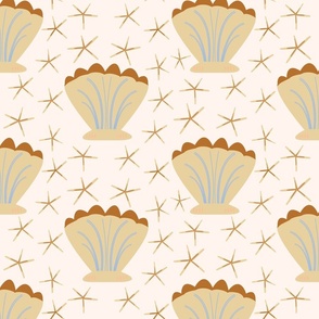 Large Seashells with baby blue and brown gold yellow Starfish on light beige