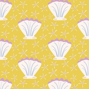 Large Scallop Seashells with baby blue and lilac Starfish on canary yellow
