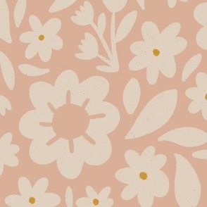 DELLA (lg) cute daisies and Leaves in soft muted peachy pink and linen off-white