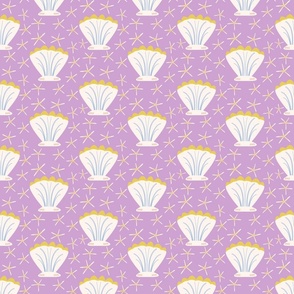 MEDIUM Seashells with baby blue and gold yellow Starfish on lilac