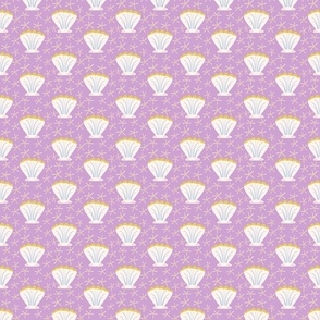 SMALL Seashells with baby blue and gold yellow Starfish on lilac
