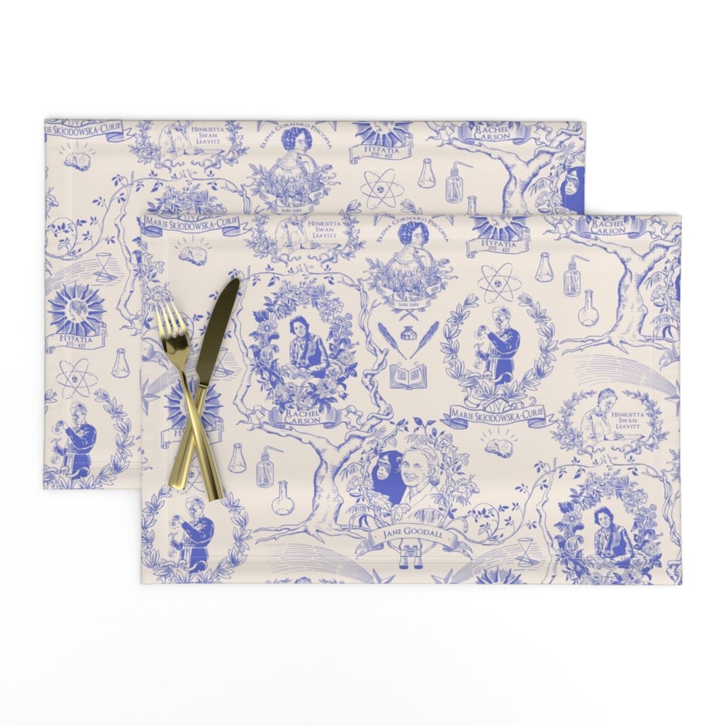 Women of Science and Learning Blue on cream Toile