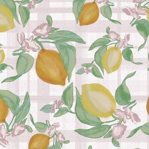 Watercolor Lemons on Pink Plaid