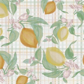 Watercolor Lemons with Plaid Background