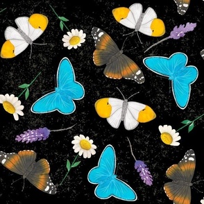 Large-Butterflies, lavender & daisies-Black