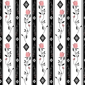  vertical stripes black and white with pink rose buds 