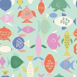 Bright tropical fish on mint background