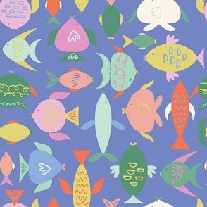 Bright tropical fish on mid blue background