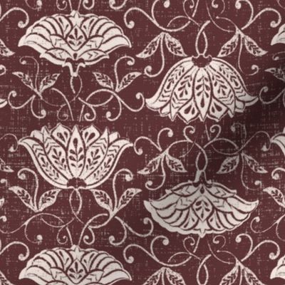 (7x6.5in, textured) Floral Block Print on Burgundy Red / Faux Texture / Indian motif pillow / medium scale