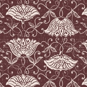 (7x6.5in, textured) Floral Block Print on Burgundy Red / Faux Texture / Indian motif pillow / medium scale