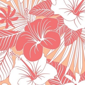 Large // Peach Hawaiian Luau flowers Hibiscus and butterfly