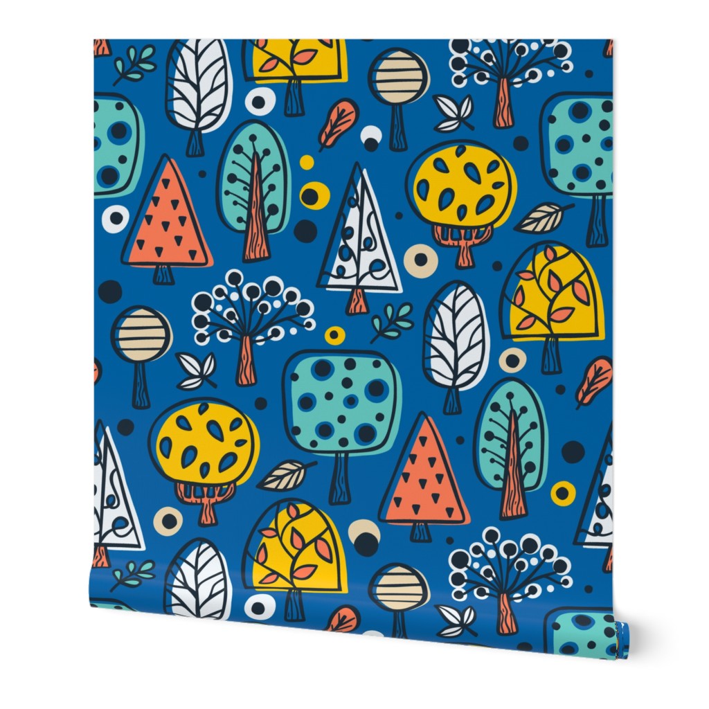 (L) Colorful Forest Trees Geometric / Dark Blue  Version / Large Scale or Wallpaper