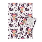 coffee cups and tropical leaves - pink, orange and black on white background