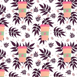 coffee cups and tropical leaves - pink, orange and black on white background