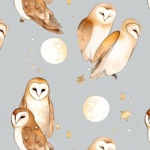 Nocturnal Dream Fabric - Watercolor Sleepy Barn Owls, Moons, and Stars